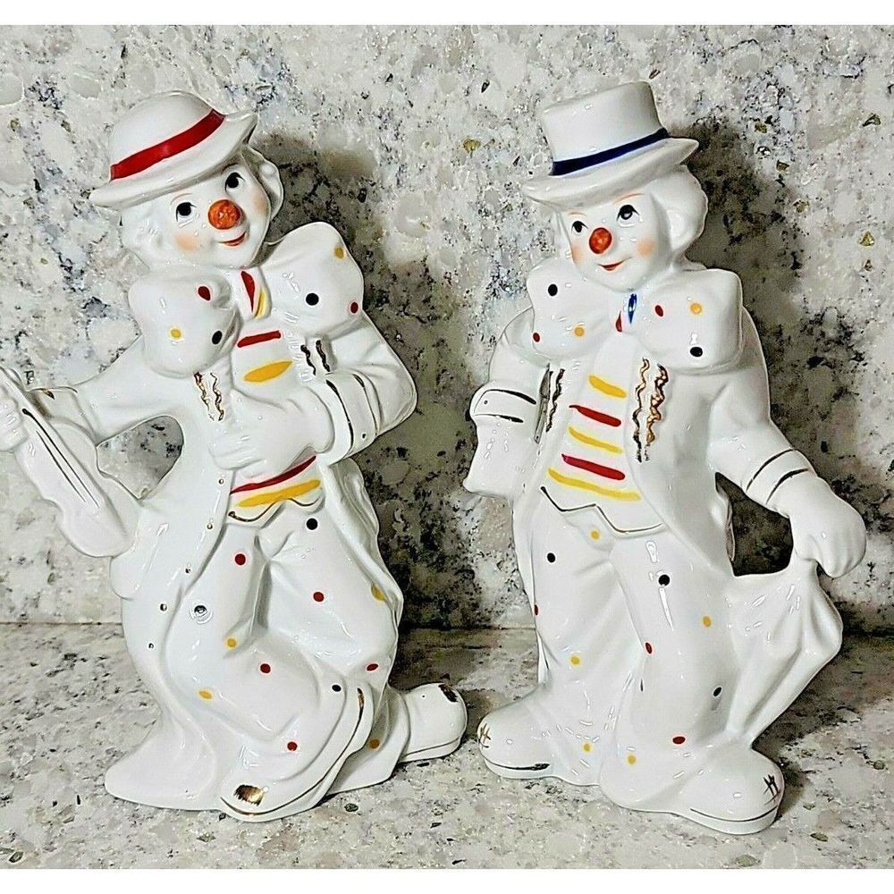 Sophia Ann Ceramic Collectable Clowns Vintage Set of 2 White Happy 7.5"-8"